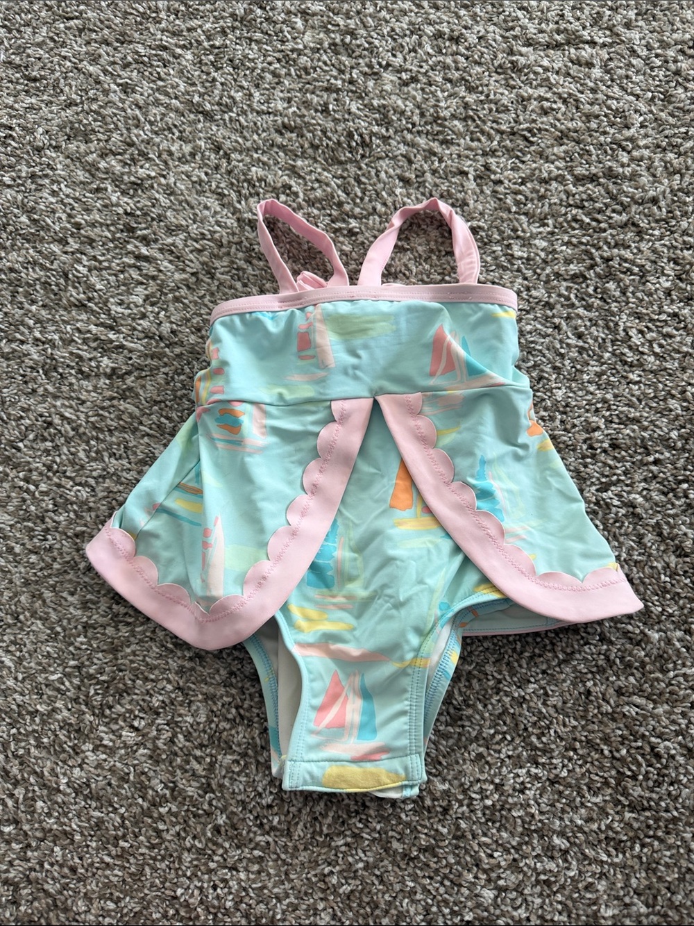 Girls' Pastel Sailboat Skirted One-Piece Swimsuit - Pink Trim